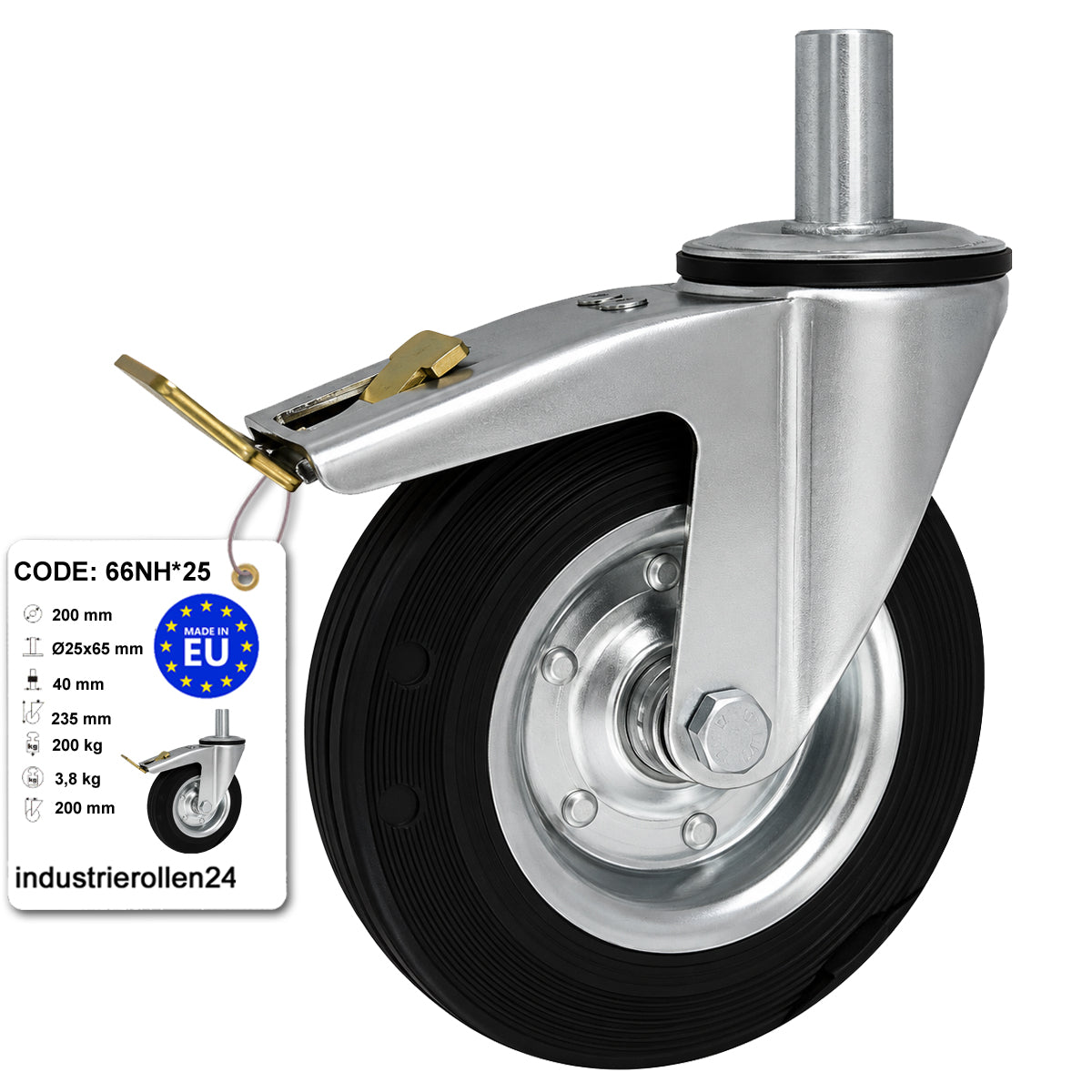 Metall-Gummiräder mit Befestigungsstift und Bremse Lenkrollen  Ø200 mm Code: 66NH*25
