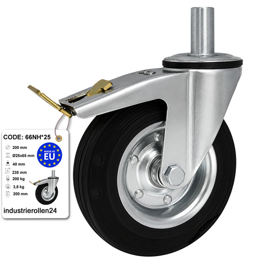 Metall-Gummiräder mit Befestigungsstift und Bremse Lenkrollen  Ø200 mm Code: 66NH*25