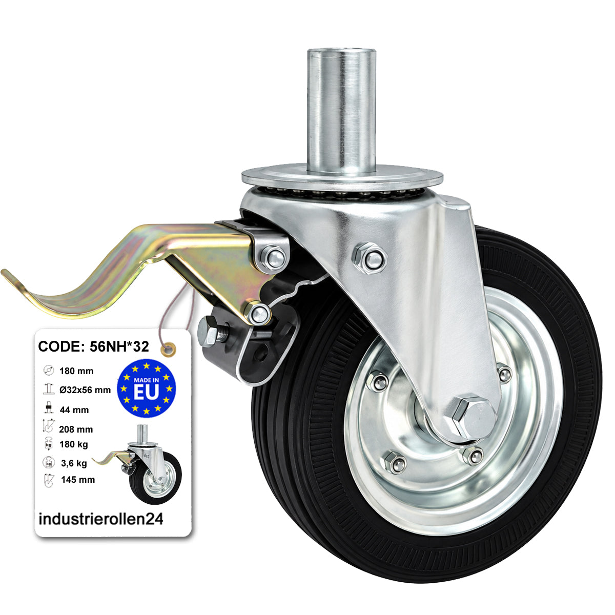 Metall-Gummiräder mit Befestigungsstift und Bremse Lenkrollen  Ø180 mm Code: 56NH*32