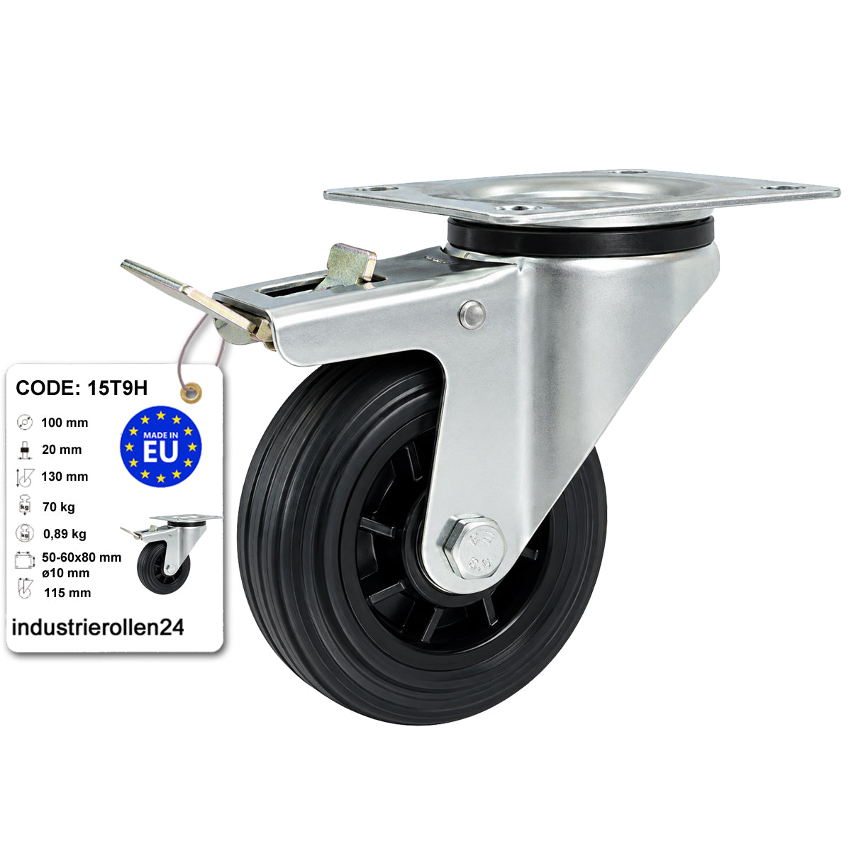 Kunststoff-Gummirrad mit Anschraubplatte und Bremse Lenkrolle Ø100 mm Code: 15T9H