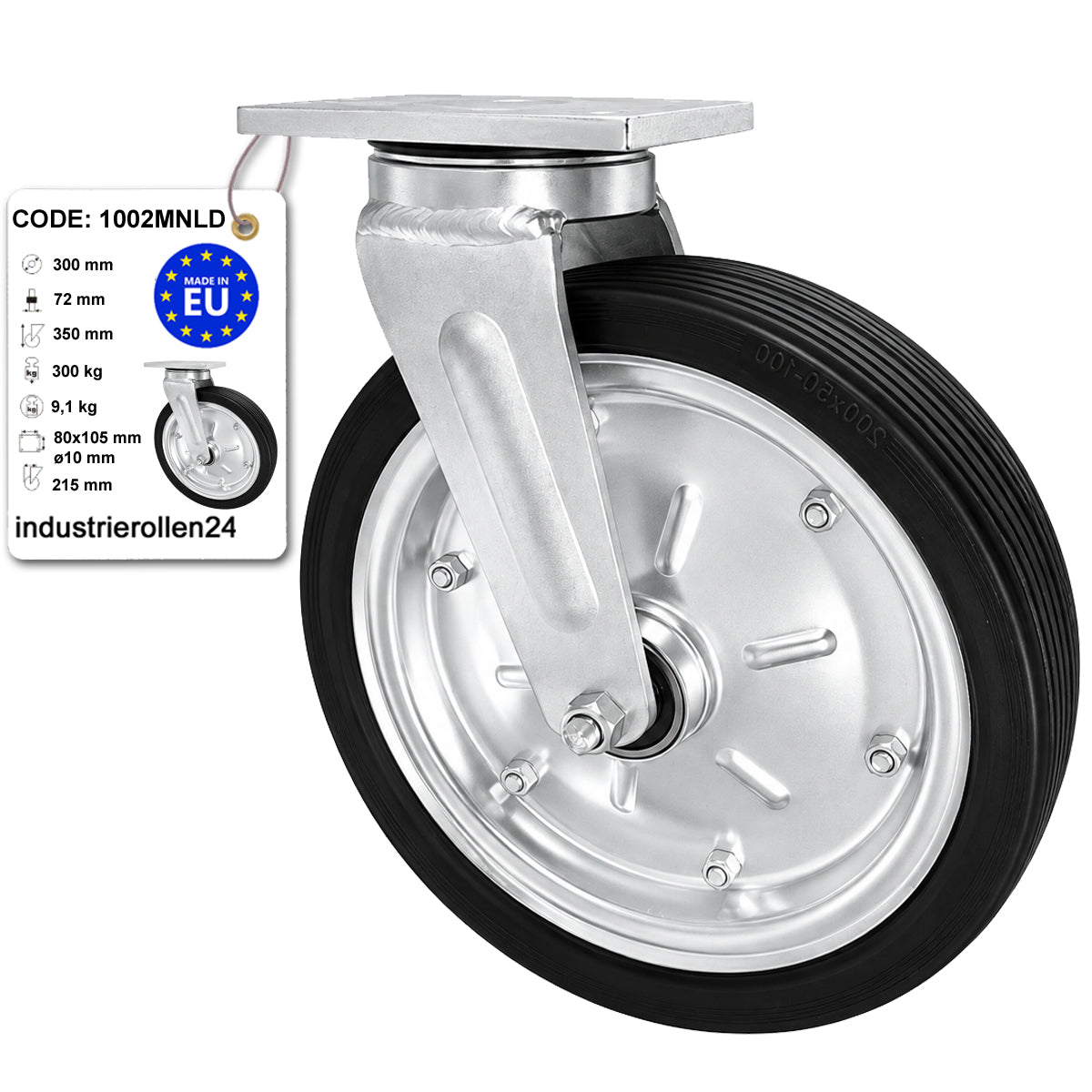 Metall-Gummiräder mit Befestigungsplatte Lenkrolle Ø300 mm mit Platte Code: 1002MNLD