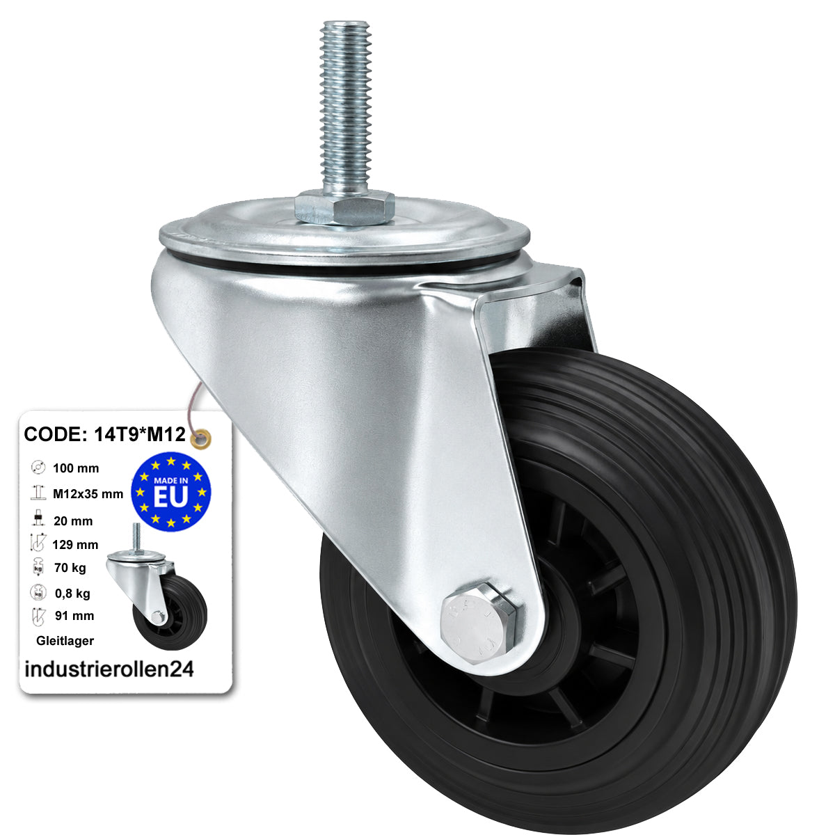 Kunststoff-Gummiräder mit Befestigungsstift Lenkrollen Ø100 mm Code: 14T9*M12