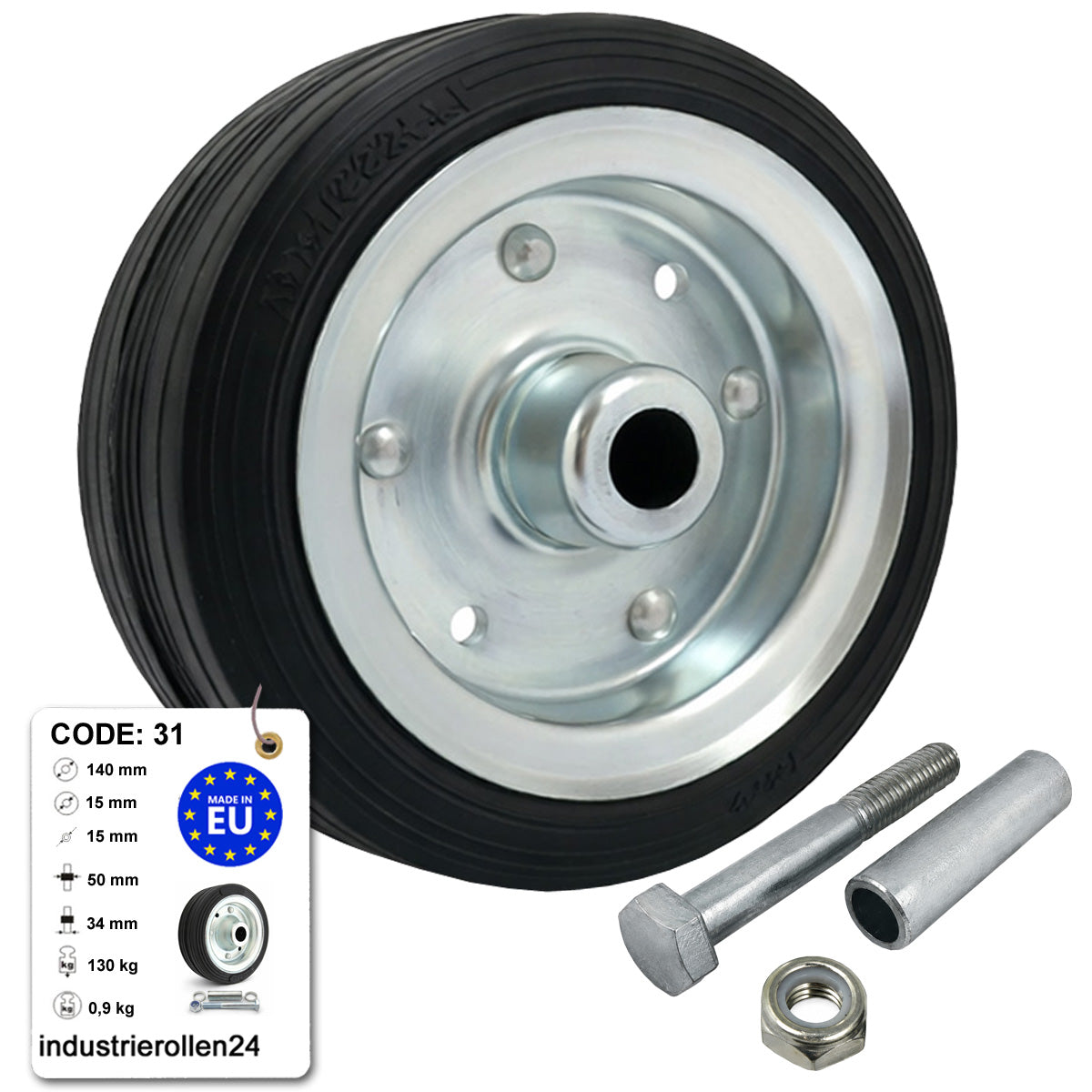Metall-Gummiräder 140 mm mit Montage-Set – robuste Räder für Transport & Industrie Code: 31