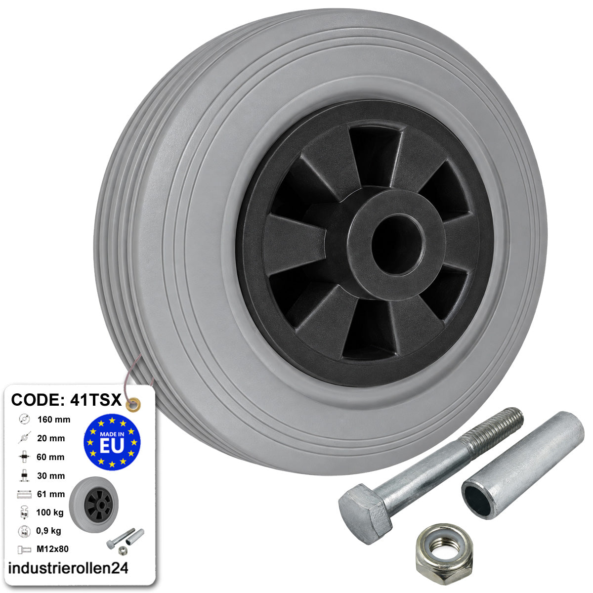 Kunststoff-Gummirrad Ø 160 mm Industrie Gummirad mit Montagesatz Code: 41TSX