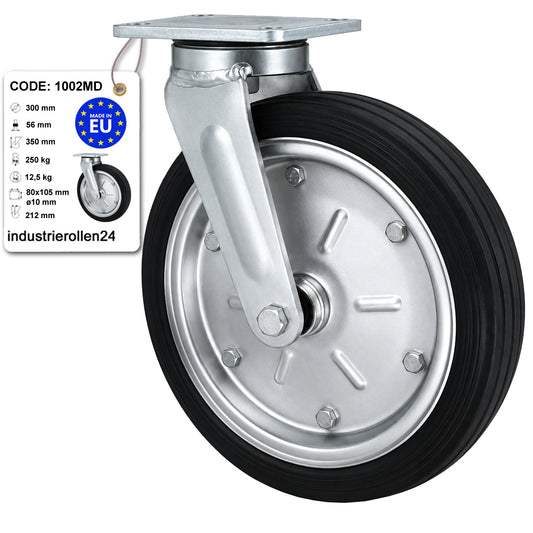 Metall-Gummiräder mit Befestigungsplatte Lenkrolle Ø300 mm mit Platte Code: 1002MD