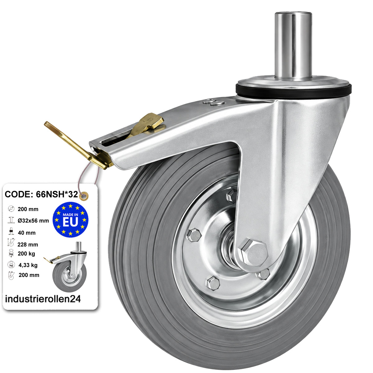 Metall-Gummiräder mit Befestigungsstift und Bremse Lenkrollen  Ø200 mm Code: 66NSH*32