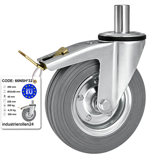 Metall-Gummiräder mit Befestigungsstift und Bremse Lenkrollen  Ø200 mm Code: 66NSH*32