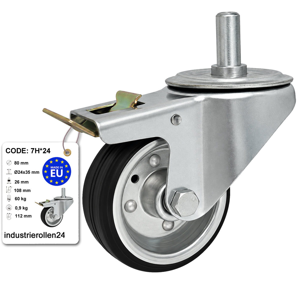 Metall-Gummiräder mit Befestigungsstift und Bremse Lenkrollen  Ø80 mm Code: 7H*24