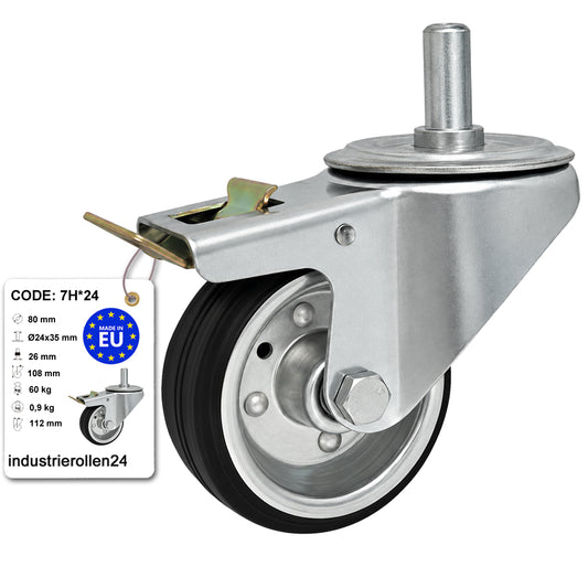 Metall-Gummiräder mit Befestigungsstift und Bremse Lenkrollen  Ø80 mm Code: 7H*24