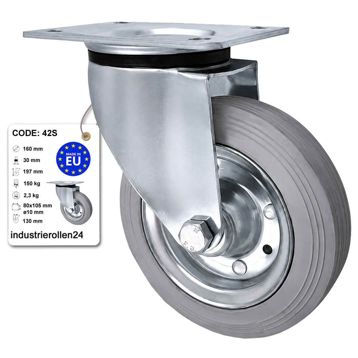 Metall-Gummiräder mit Befestigungsplatte Lenkrolle Ø160 mm mit Platte Code: 42S