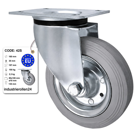 Metall-Gummiräder mit Befestigungsplatte Lenkrolle Ø160 mm mit Platte Code: 42S
