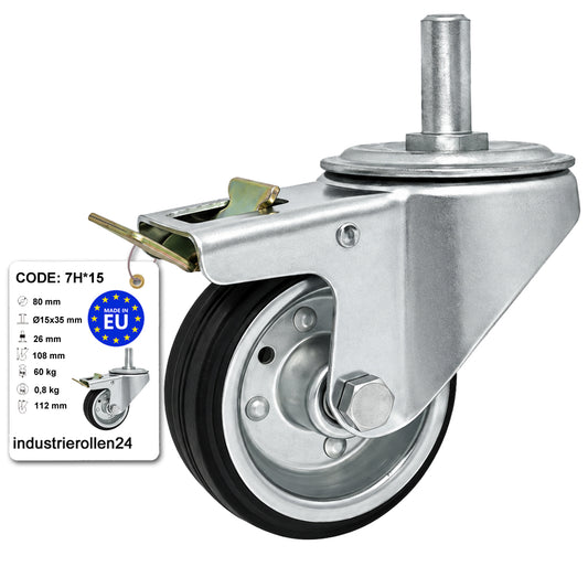 Metall-Gummiräder mit Befestigungsstift und Bremse Lenkrollen  Ø80 mm Code: 7H*15