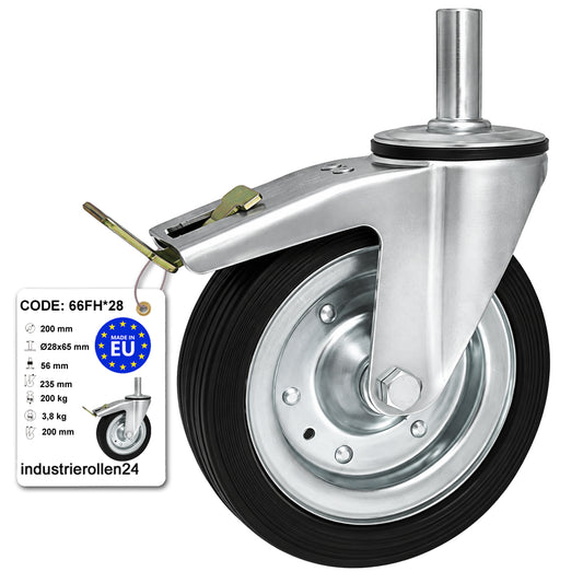 Metall-Gummiräder mit Befestigungsstift und Bremse Lenkrollen  Ø200 mm Code: 66FH*28