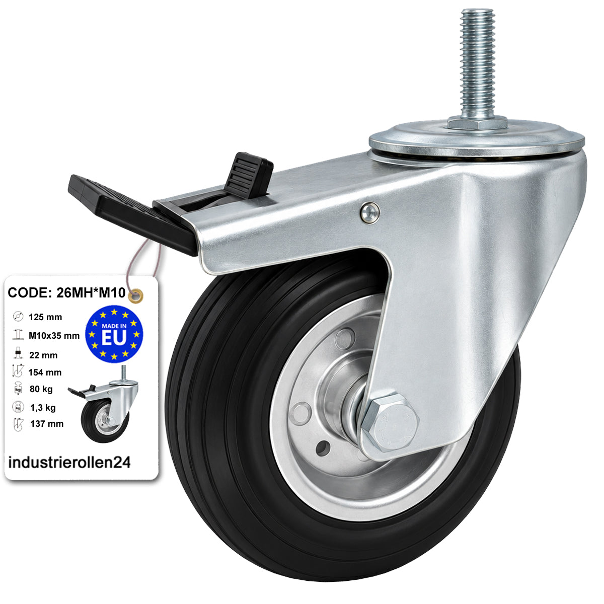 Metall-Gummiräder mit Befestigungsstift und Bremse Lenkrollen  Ø125 mm Code: 26MH*M10