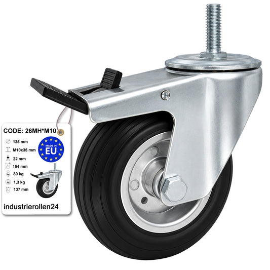 Metall-Gummiräder mit Befestigungsstift und Bremse Lenkrollen  Ø125 mm Code: 26MH*M10