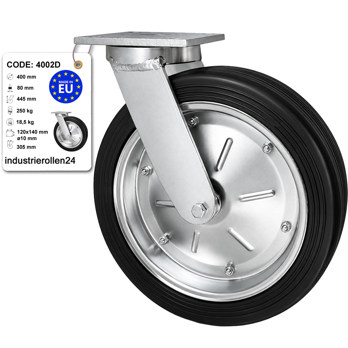 Metall-Gummiräder mit Befestigungsplatte Lenkrolle Ø400 mm mit Platte Code: 4002D