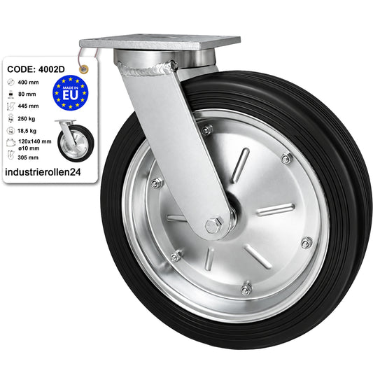 Metall-Gummiräder mit Befestigungsplatte Lenkrolle Ø400 mm mit Platte Code: 4002D