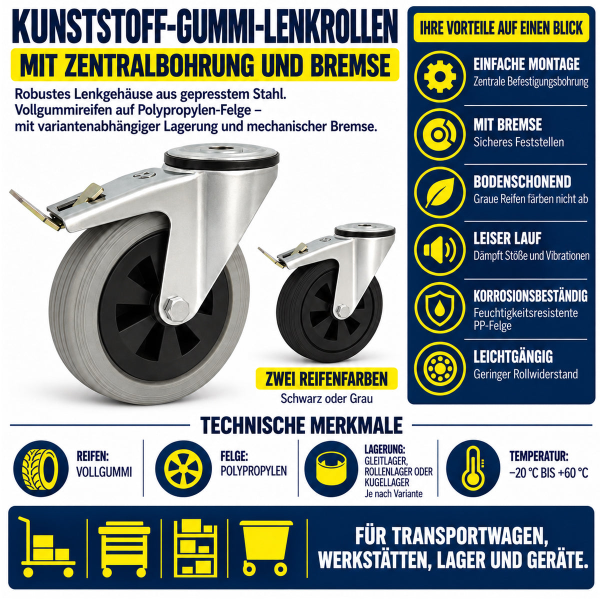 Kunststoff-Gummiräder mit Befestigungsstift mit Zentralbohrung und Bremse Ø80 mm Code: 8TH