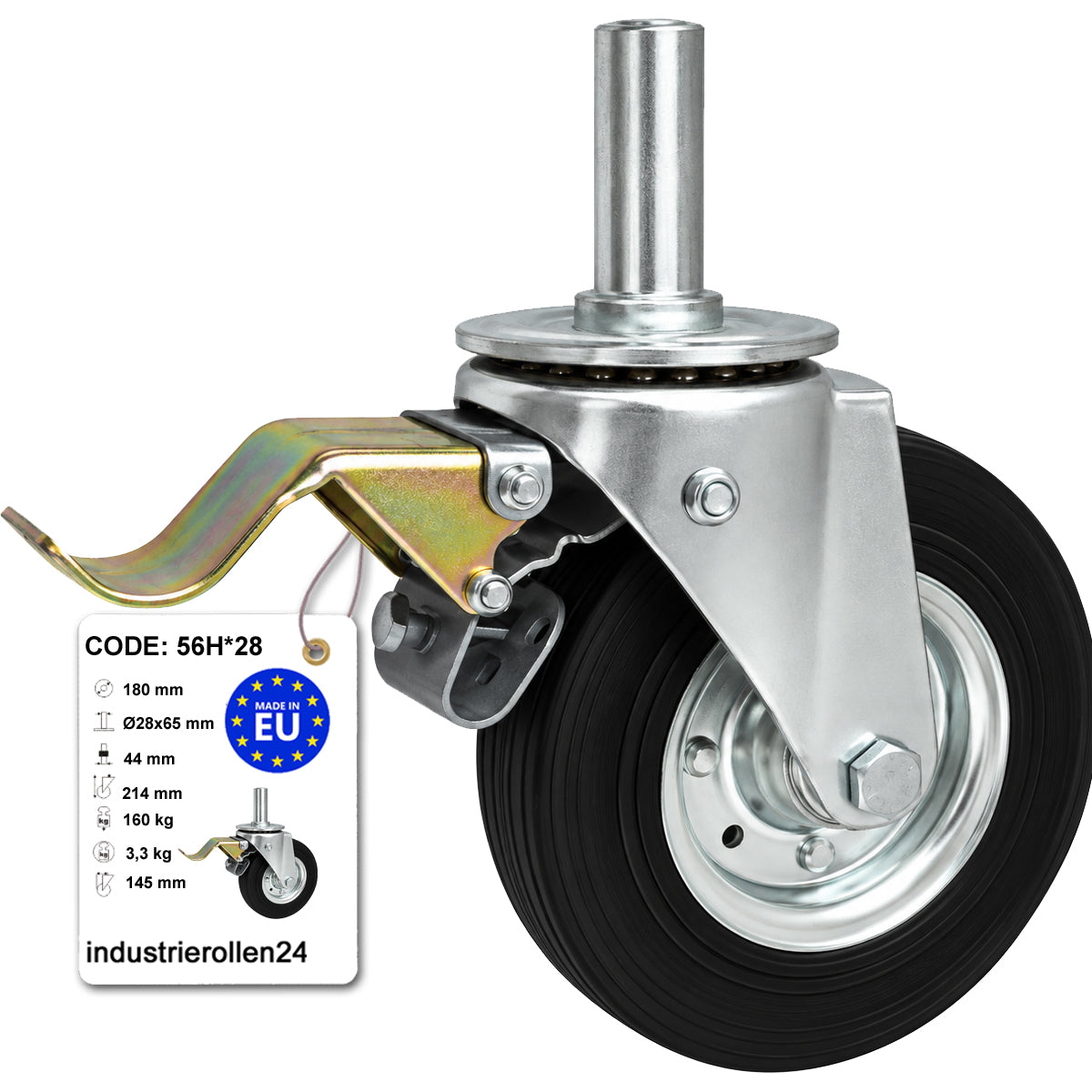 Metall-Gummiräder mit Befestigungsstift und Bremse Lenkrollen  Ø180 mm Code: 56H*28