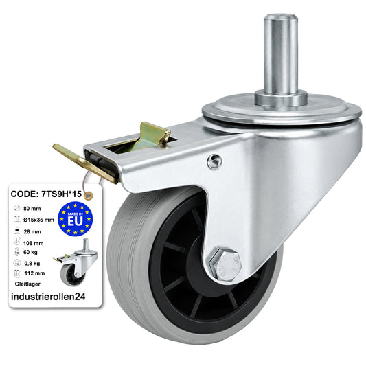 Kunststoff-Gummiräder mit Befestigungsstift und Bremse Lenkrollen  Ø80 mm Code: 7TS9H*15