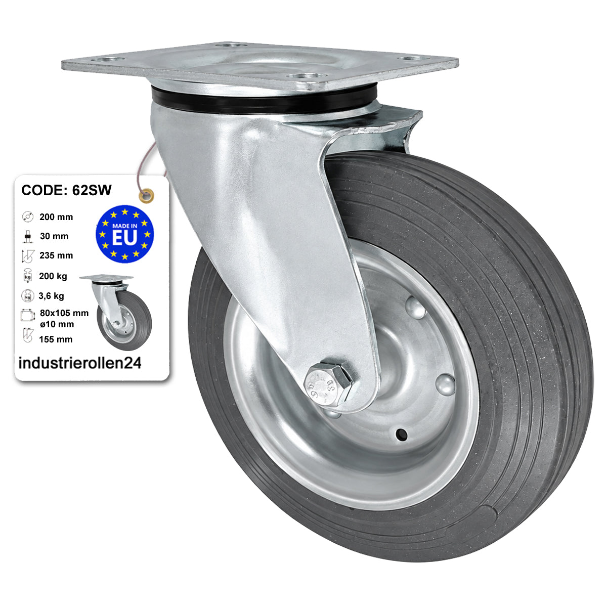 Metall-Gummiräder mit Befestigungsplatte Lenkrolle Ø200 mm mit Platte Code: 62SW