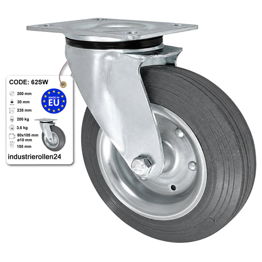 Metall-Gummiräder mit Befestigungsplatte Lenkrolle Ø200 mm mit Platte Code: 62SW