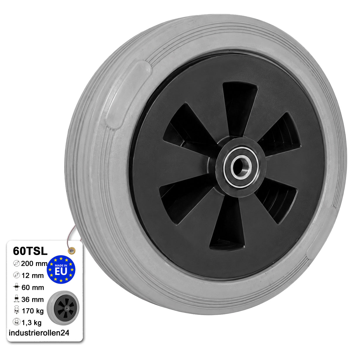 Vollgummi Rad Ø 200 mm mit Polypropylen-Felge Industrie Gummirad Code: 60TSL