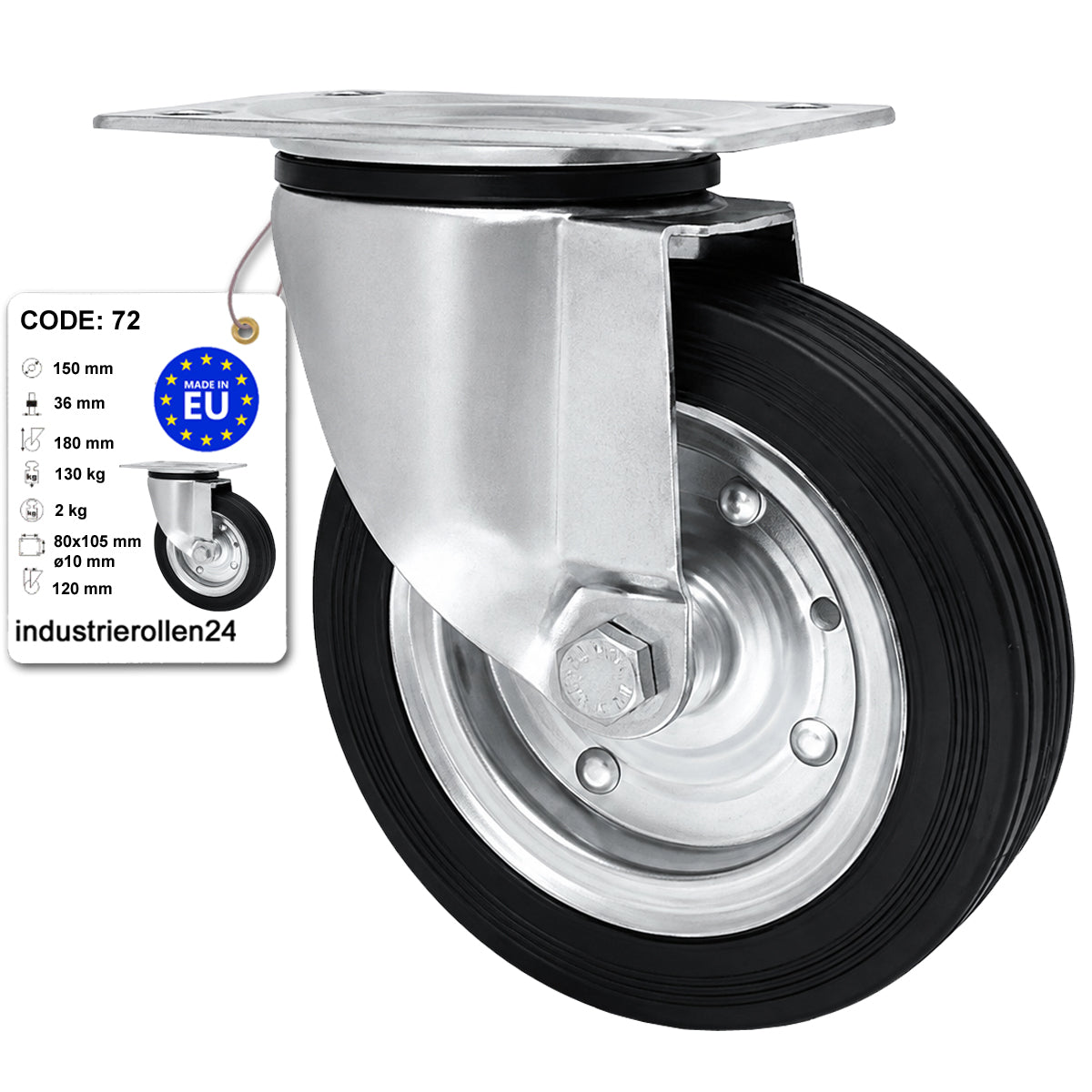 Metall-Gummiräder mit Befestigungsplatte Lenkrolle Ø150 mm mit Platte Code: 72