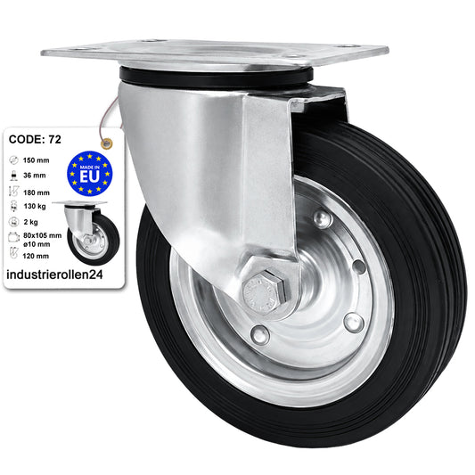 Metall-Gummiräder mit Befestigungsplatte Lenkrolle Ø150 mm mit Platte Code: 72