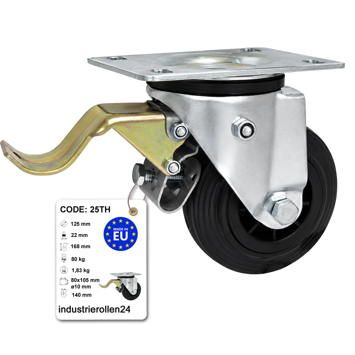 Kunststoff-Gummirrad mit Anschraubplatte und Bremse Lenkrolle Ø125 mm Code: 25TH
