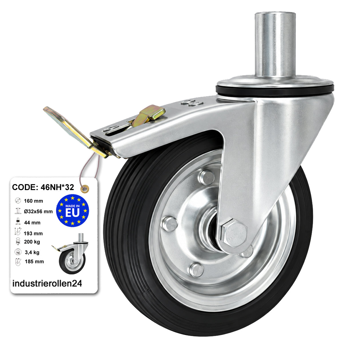 Metall-Gummiräder mit Befestigungsstift und Bremse Lenkrollen  Ø160 mm Code: 46NH*32