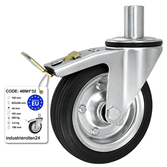 Metall-Gummiräder mit Befestigungsstift und Bremse Lenkrollen  Ø160 mm Code: 46NH*32