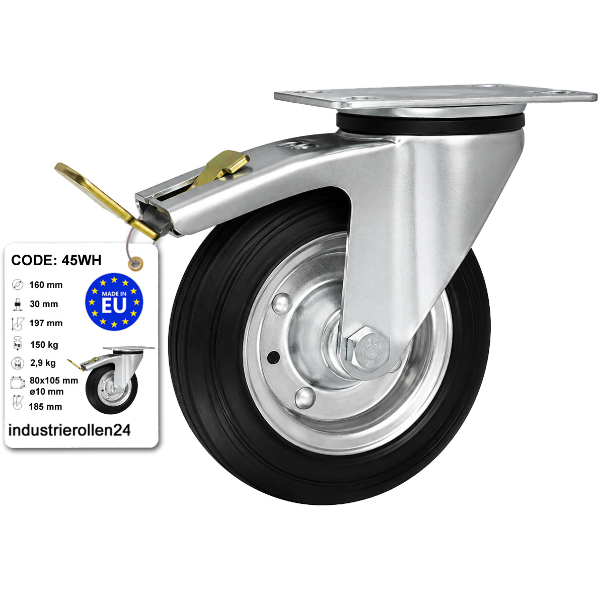 Metall-Gummiräder mit Befestigungsplatte und Bremse Lenkrolle Ø160 mm Code: 45WH