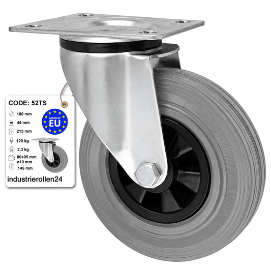 Kunststoff-Gummirrad mit Anschraubplatte Lenkrolle Ø180 mm mit Platte Code: 52TS