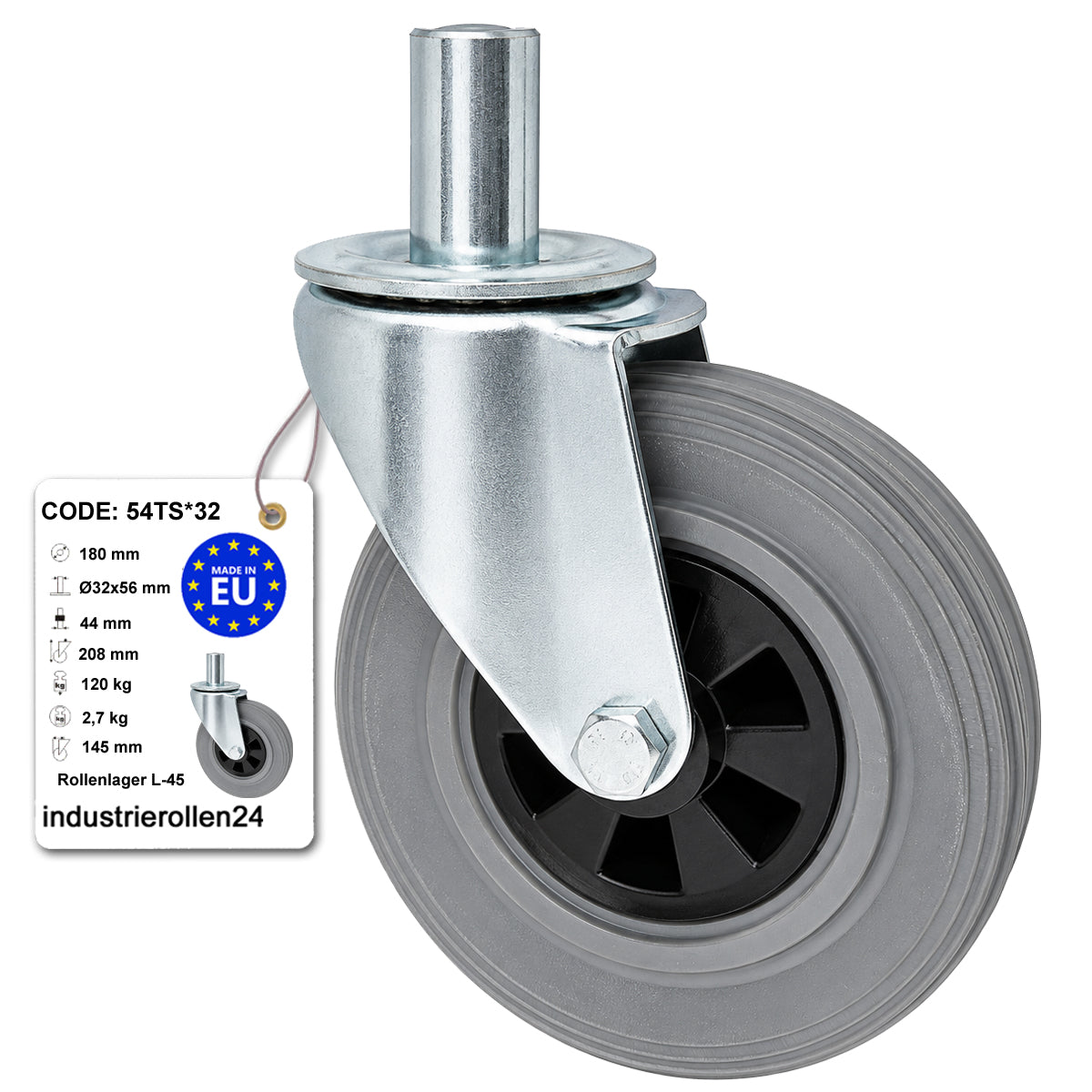 Kunststoff-Gummiräder mit Befestigungsstift Lenkrollen Ø180 mm Code: 54TS*32