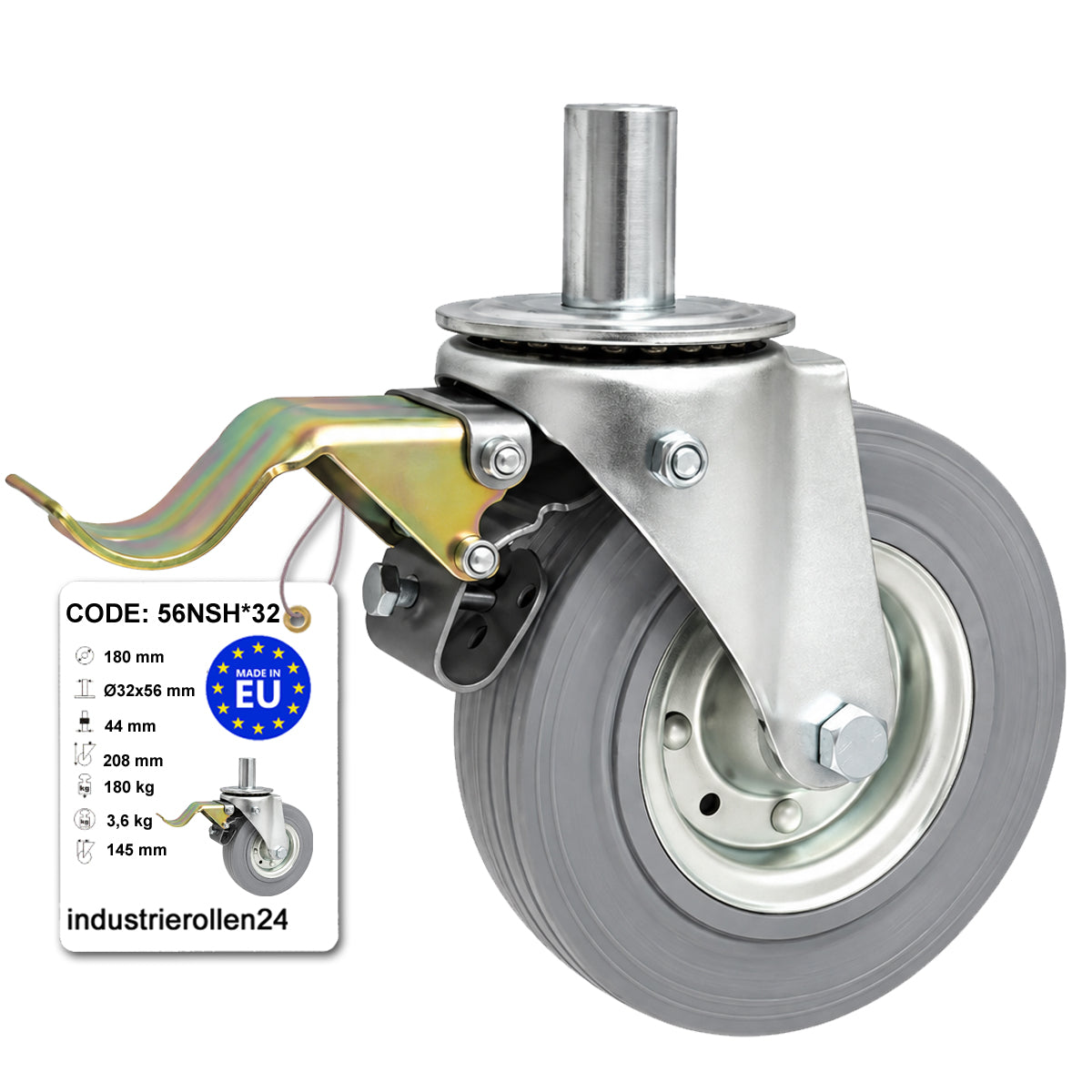Metall-Gummiräder mit Befestigungsstift und Bremse Lenkrollen  Ø180 mm Code: 56NSH*32