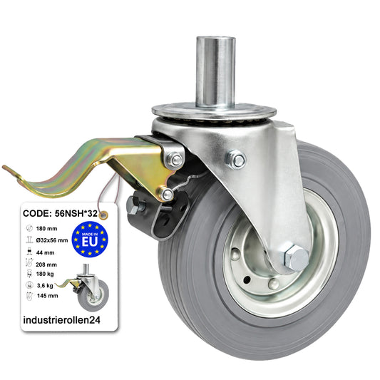 Metall-Gummiräder mit Befestigungsstift und Bremse Lenkrollen  Ø180 mm Code: 56NSH*32