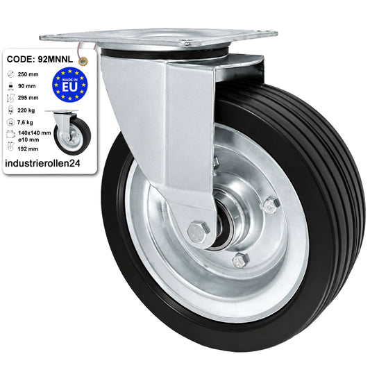 Metall-Gummiräder mit Befestigungsplatte Lenkrolle Ø250 mm mit Platte Code: 92MNNL