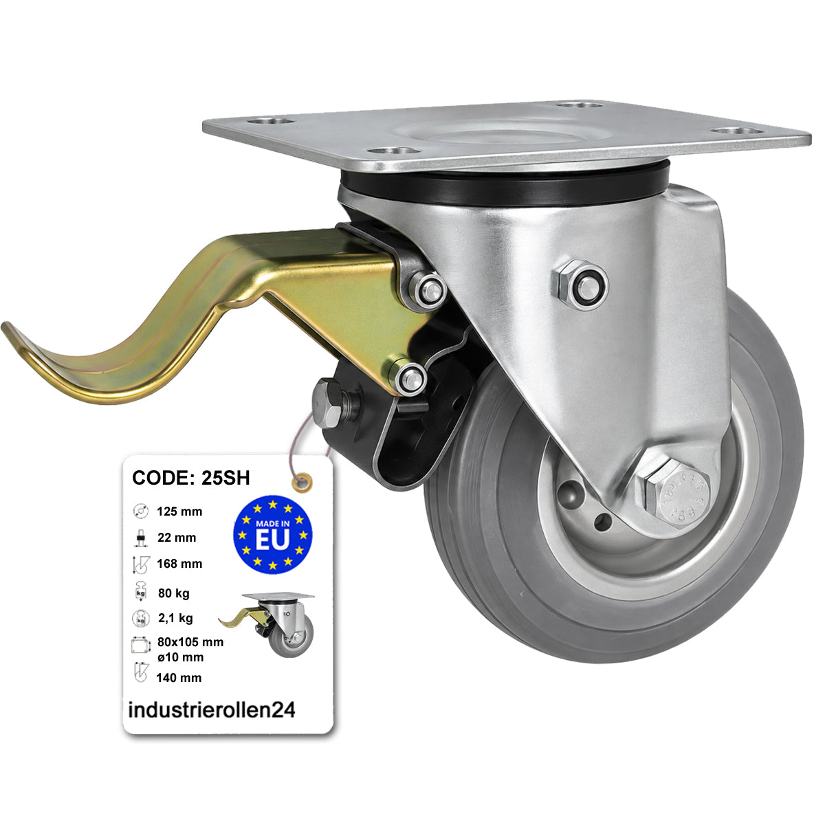 Metall-Gummiräder mit Befestigungsplatte und Bremse Lenkrolle Ø125 mm Code: 25SH