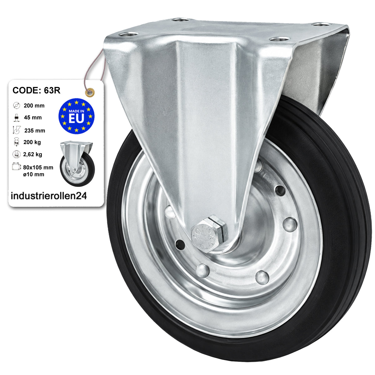 Metall-Gummiräder mit Platte Bockrolle Ø200 mm mit Platte Code: 63R
