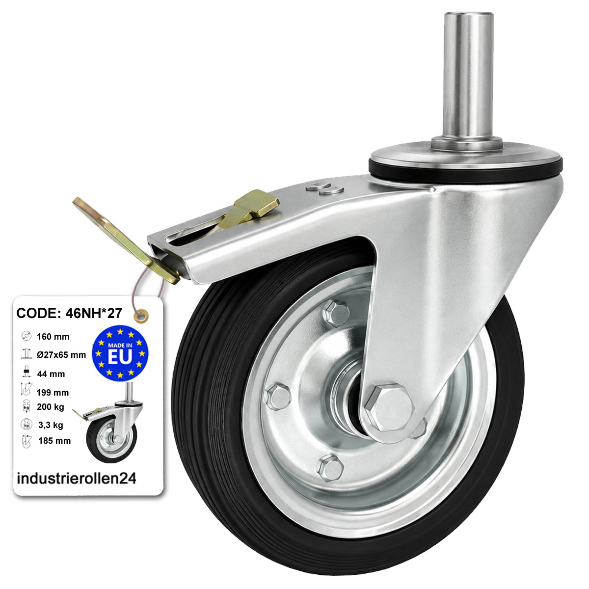 Metall-Gummiräder mit Befestigungsstift und Bremse Lenkrollen  Ø160 mm Code: 46NH*27