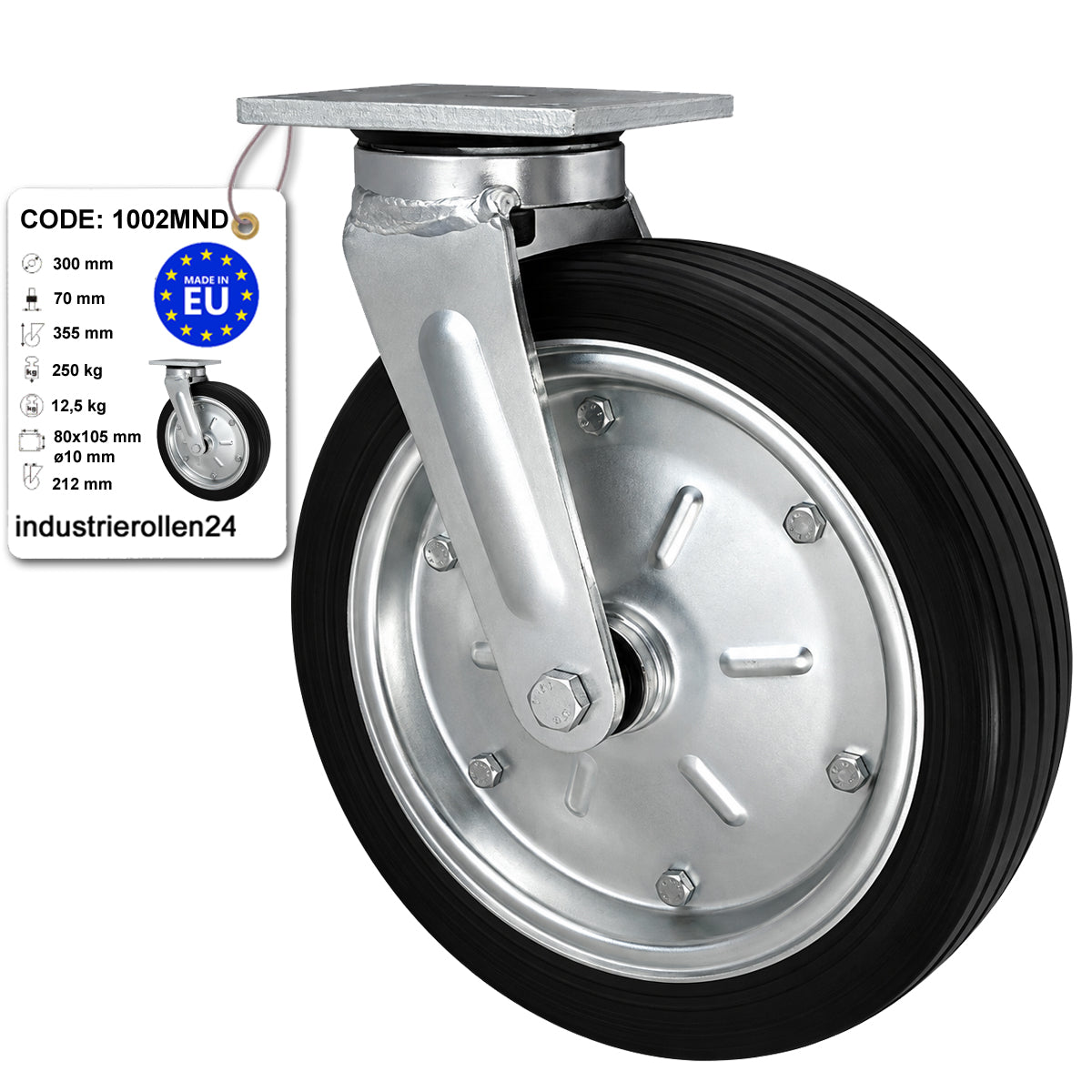 Metall-Gummiräder mit Befestigungsplatte Lenkrolle Ø300 mm mit Platte Code: 1002MND