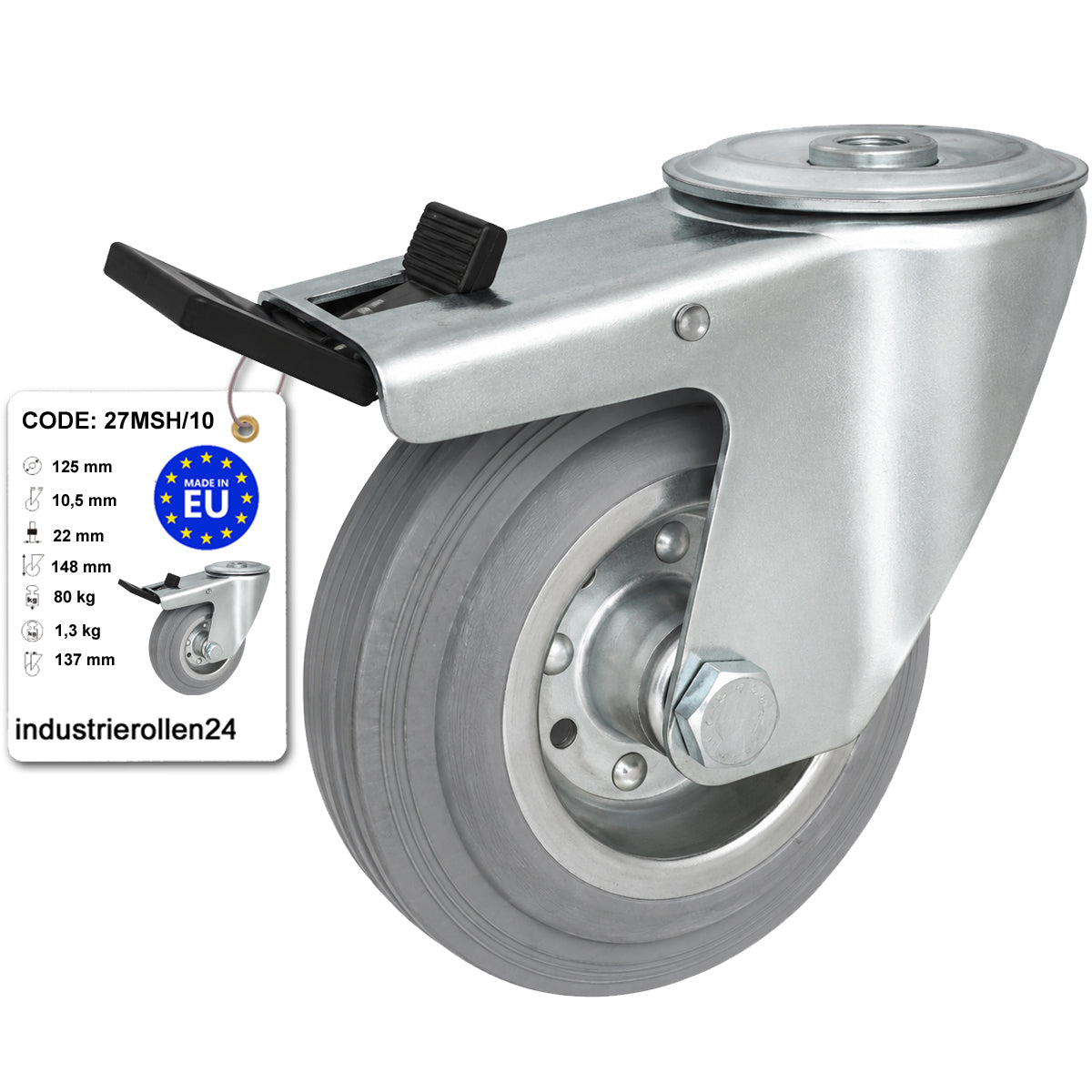 Metall-Gummiräder mit Befestigungsstift mit Zentralbohrung und Bremse Ø125 mm Code: 27MSH/10