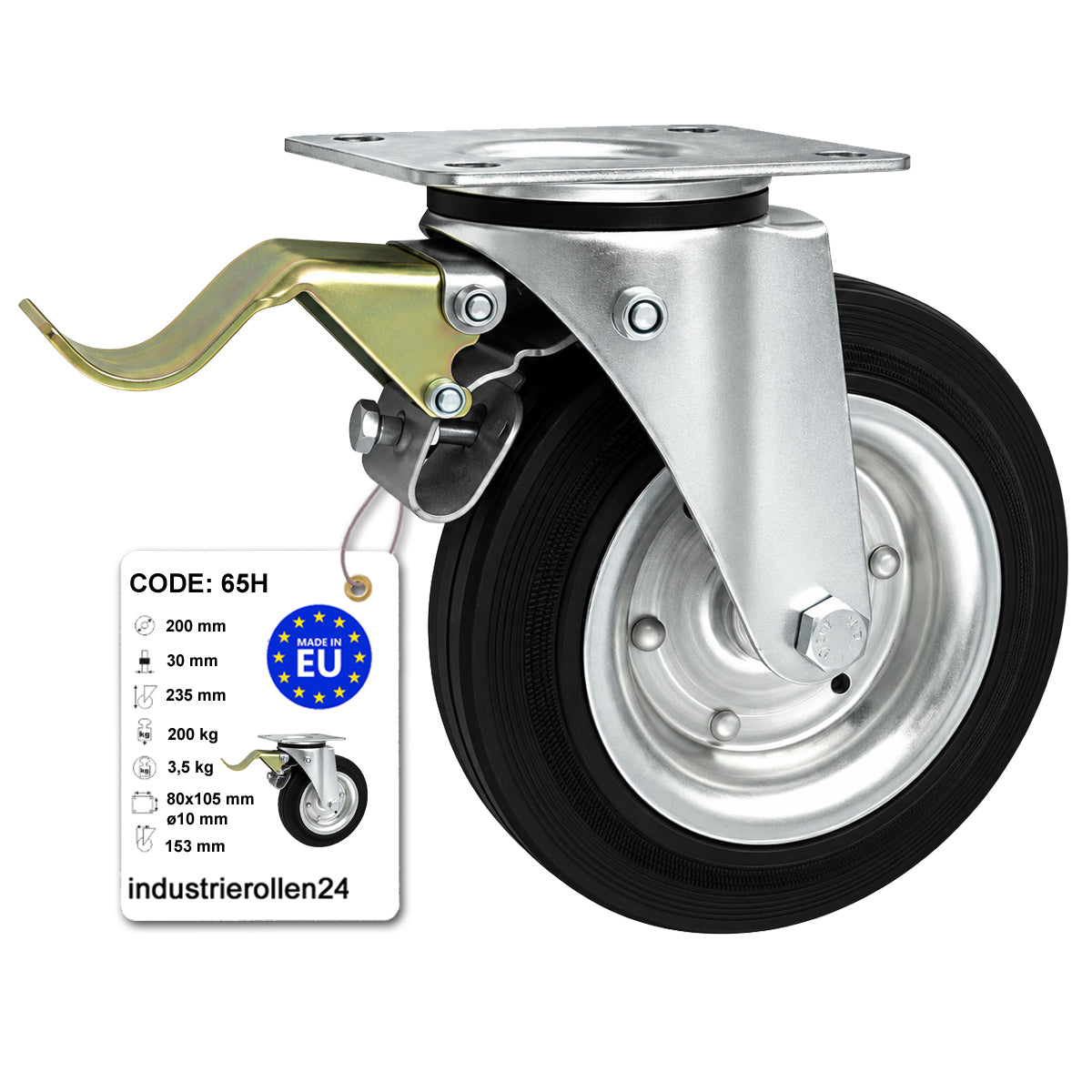 Metall-Gummiräder mit Befestigungsplatte und Bremse Lenkrolle Ø200 mm Code: 65H