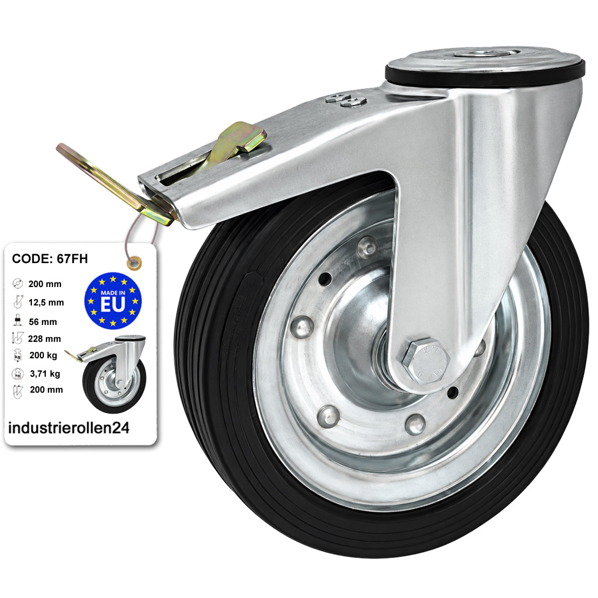 Metall-Gummiräder mit Befestigungsstift mit Zentralbohrung und Bremse Ø200 mm Code: 67FH