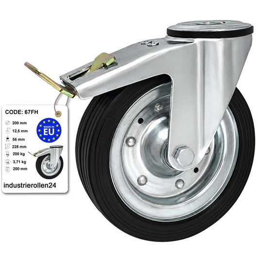Metall-Gummiräder mit Befestigungsstift mit Zentralbohrung und Bremse Ø200 mm Code: 67FH