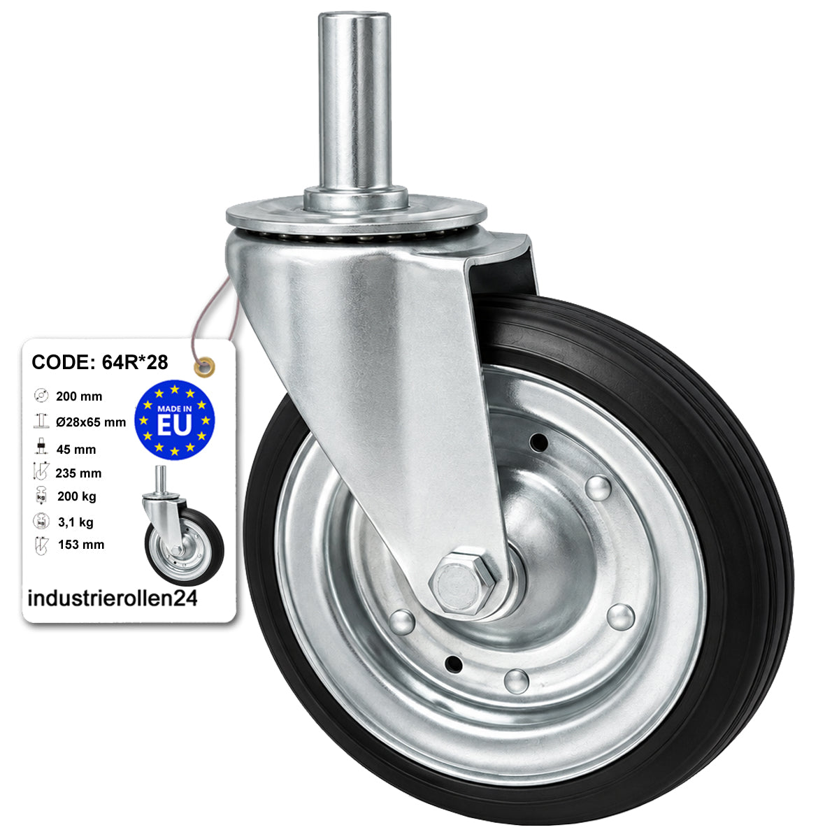 Metall-Gummiräder mit Befestigungsstift Lenkrollen  Ø200 mm Code: 64R*28