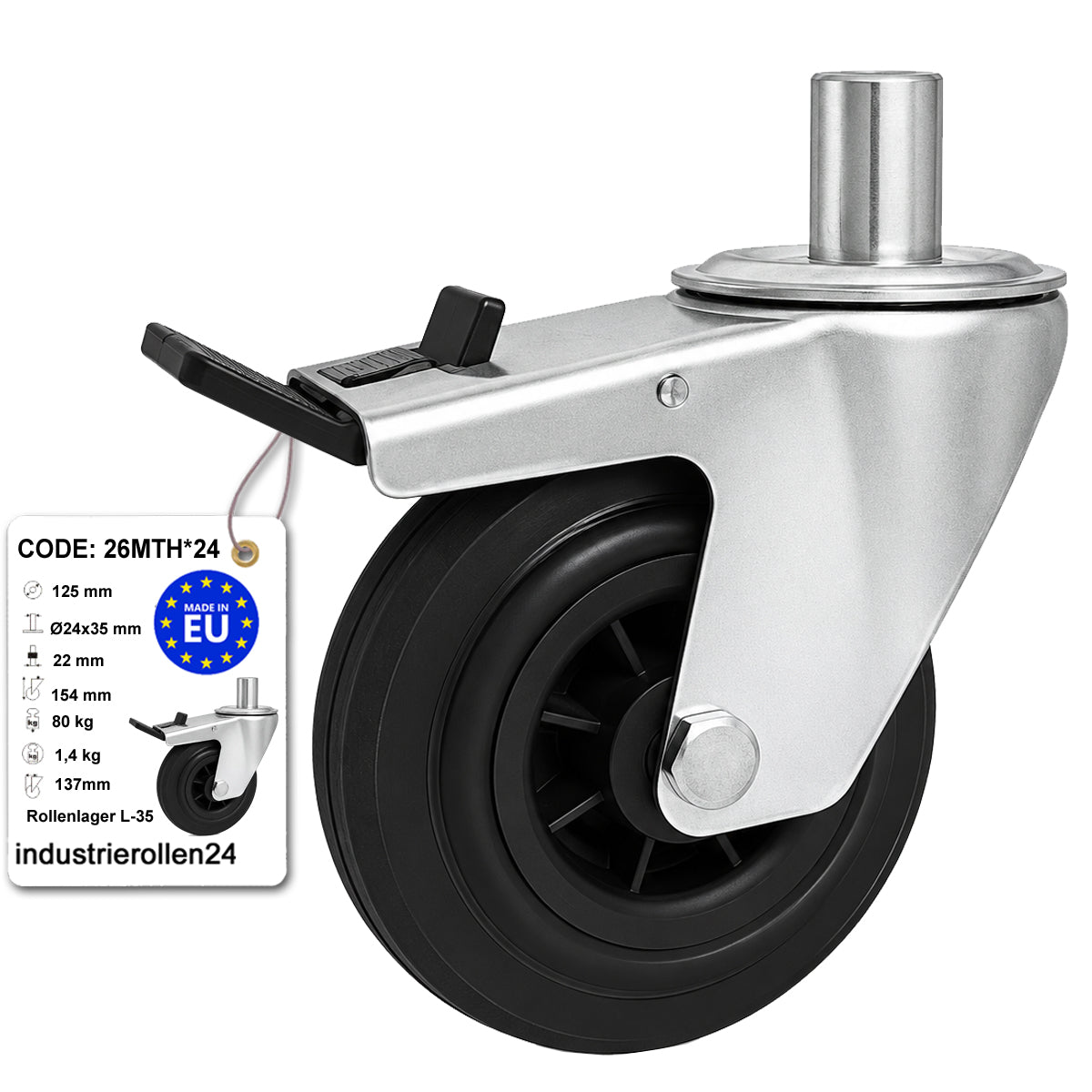 Kunststoff-Gummiräder mit Befestigungsstift und Bremse Lenkrollen  Ø125 mm Code: 26MTH*24