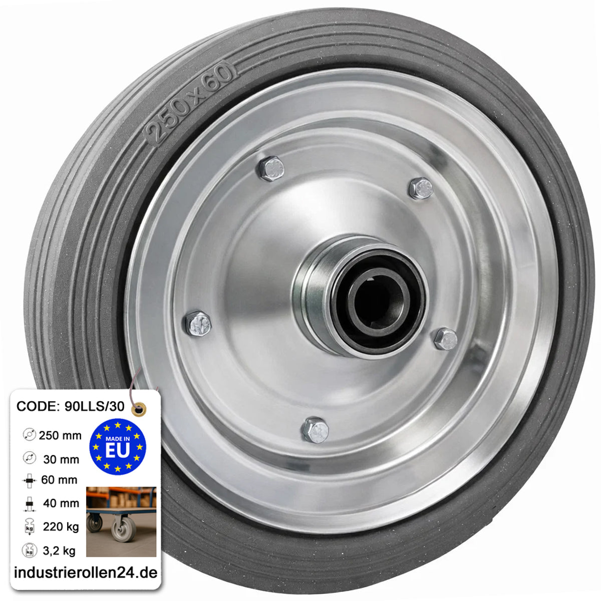 Ersatzrad Ø250 mm – Graues, nicht abfärbendes Vollgummi Industrierad mit Kugellager für Transportwagen, Code: 90LLS/30