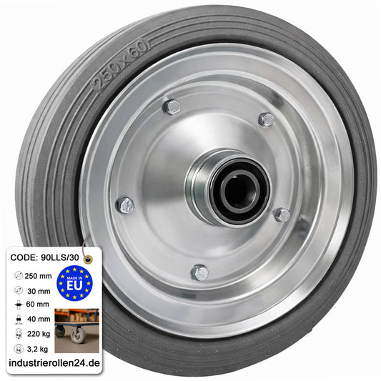 Ersatzrad Ø250 mm – Graues, nicht abfärbendes Vollgummi Industrierad mit Kugellager für Transportwagen, Code: 90LLS/30